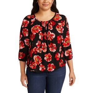 Excellent Madewell Floral Blouse Red, Black 3/4 Sleeve Tie Front Size Medium